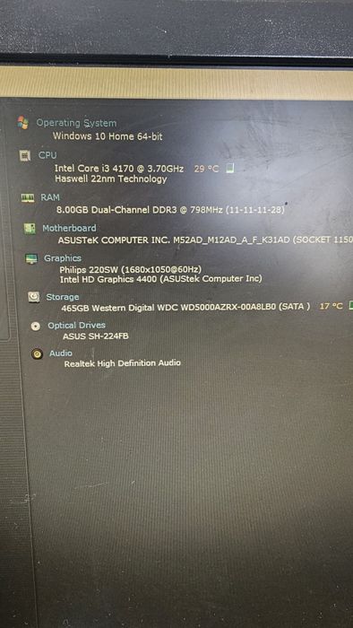 PC Asus Desktop / Intel i3-4170 3.70GHz / 8GB RAM / HDD 500GB / Windows 10