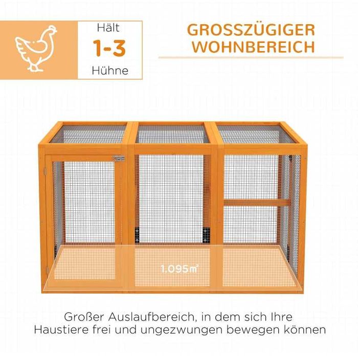 Кокошарник PawHut за 1-3 пилета, дървена рамка, стоманена тел