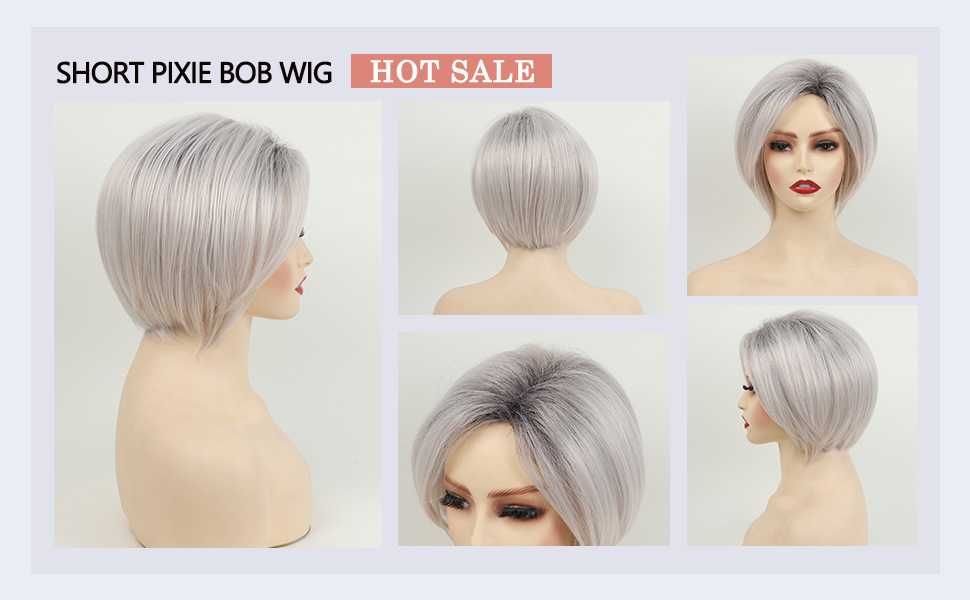 Елегантна къса омбре бяла перука с тъмни корени