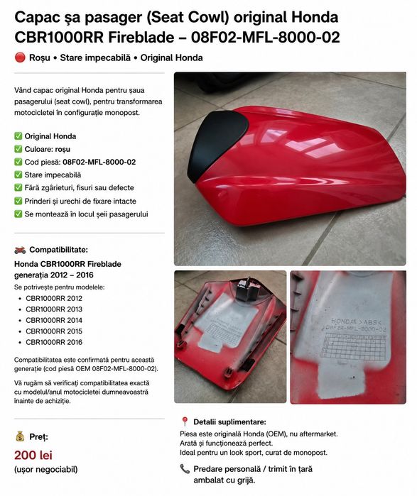 Capac șa pasager / Seat Cowl / Monopost Honda CBR1000RR Fireblade – roșu, original