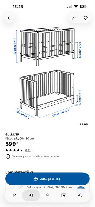 Pătuț bebeluși IKEA Gulliver 60×120 cm + saltea din fibră de cocos Integral