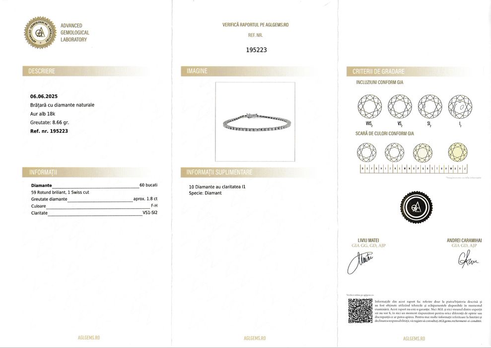 Brățară tennis cu diamante naturale 1.8 ct, aur alb 18k
