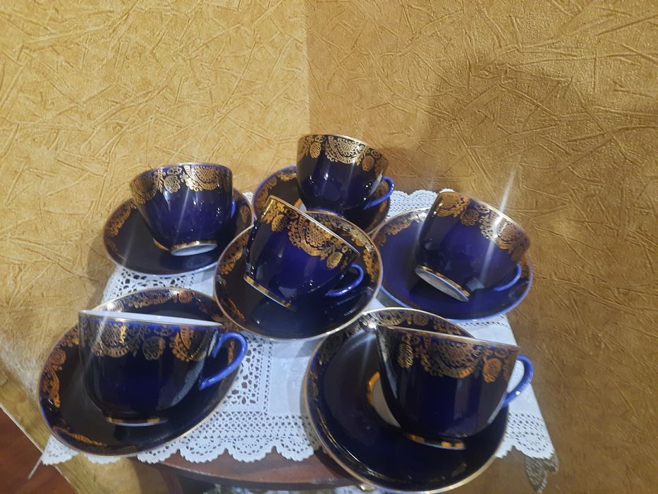 6 Чайных  пар "Золотой фриз"  по кобальту с цветами, ЛФЗ, 6 чашек и 6
