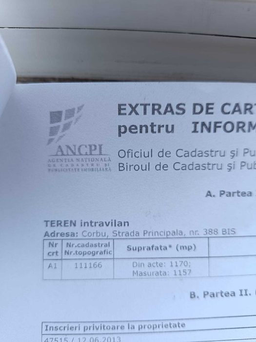 Teren intravilan Corbu 1.157 mp, front stradal 14 m, strada principală