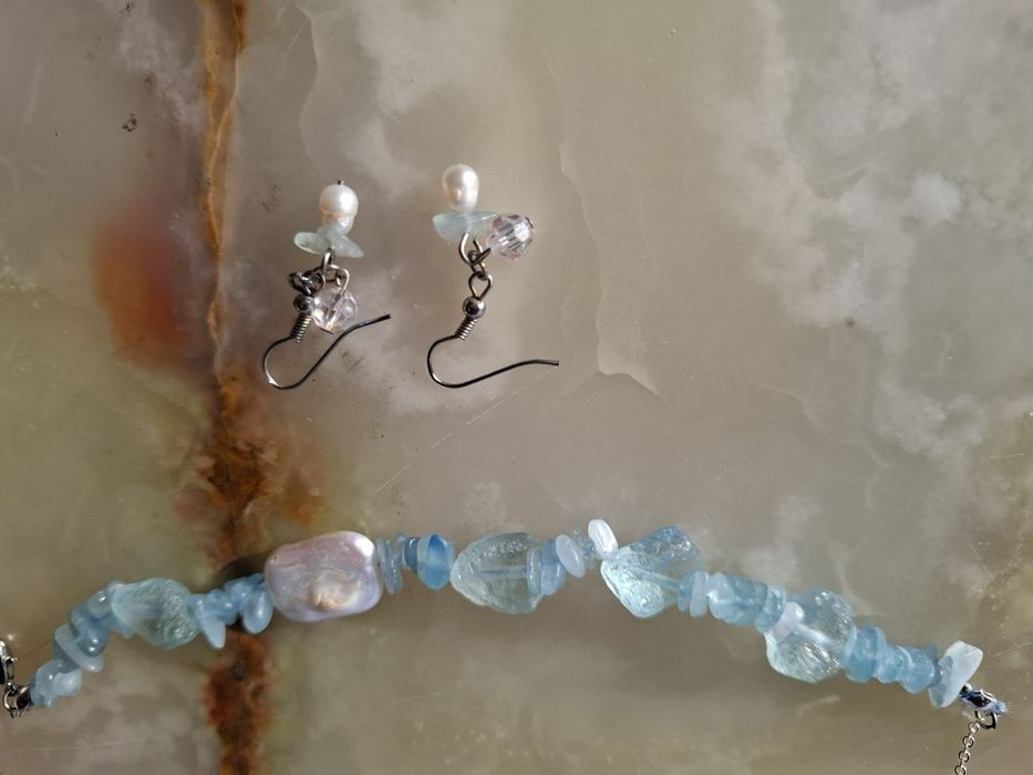 Set brățară acvamarine 21 cm si cercei cu perle