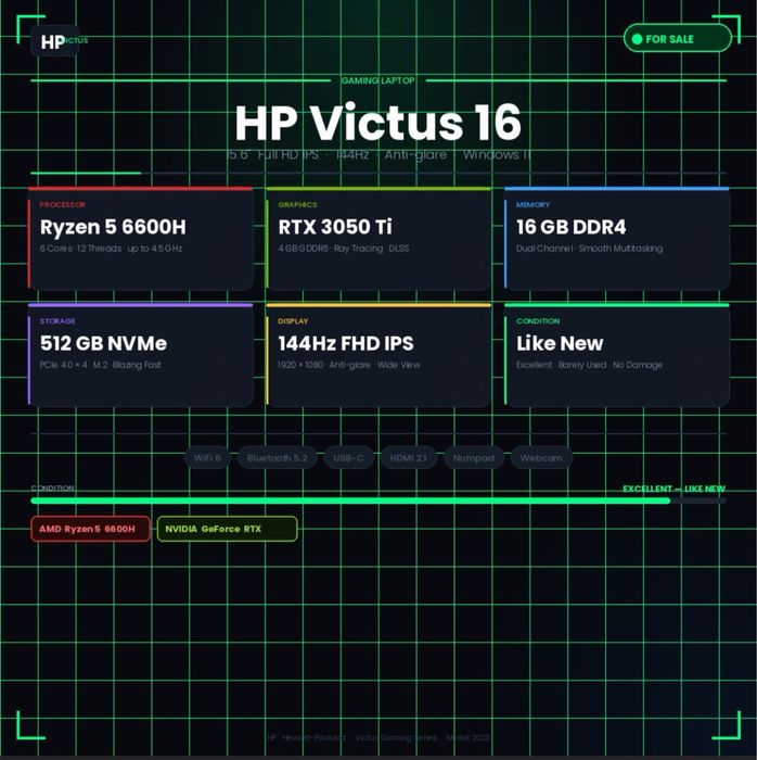 Hp Victus rtx 3050 ti, ryzen5 6600H