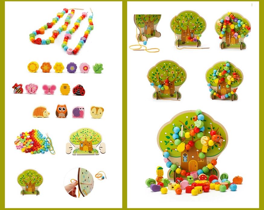 ХИТ Дърво с нанизване с плодове, животни и мъниста 102бр./дървени игри