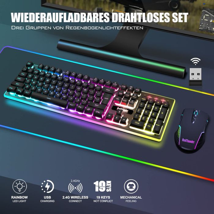 RedThunder Set Tastatură și Mouse Gaming Wireless 3200 DPI Baterie 3000mA – Negru QWERTZ