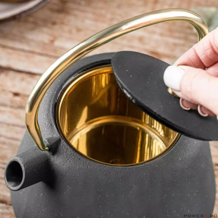 Ceainic din fonta cu strecuratoare, interior emailat, 1l, negru cu