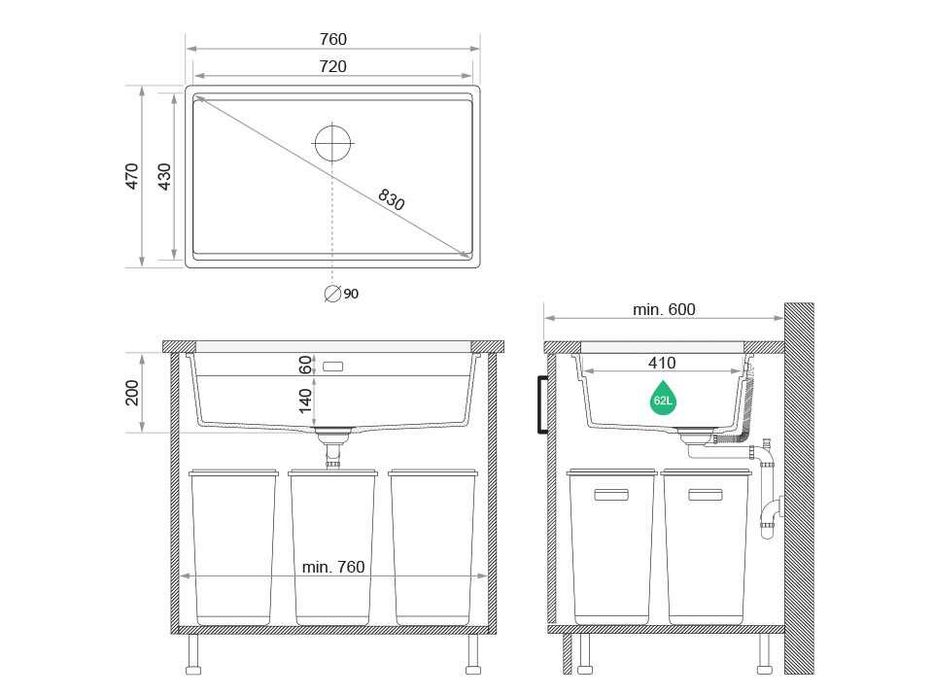 Сива кухненска мивка за вграждане под плот Прага 80 Level 760 x 470 мм