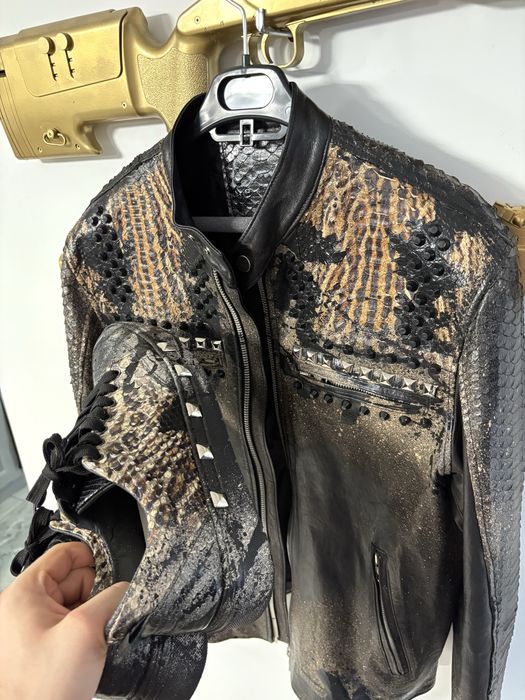 Python Snake Real Leather Jacket Ciprian Cozma M unicat pictata manual designer premium Geaca piele sarpe piton real handmade + adidasi piele piton 42