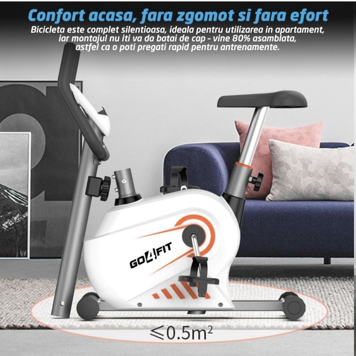 Bicicleta Magnetica Fitness GO4FIT®, Model GF100, Volanta 3 kg, 8 Niveluri Intensitate, Greutate Maxima 130 kg