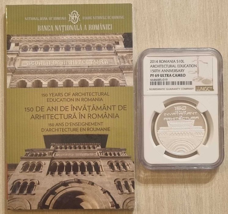 Moneda BNR 10 lei argint 150 ani arhitectura gradata NGC PF 69