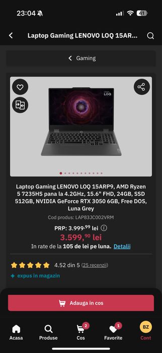 Laptop gaming lenovo loq 15arp9 in garantie inca un an si 8 luni