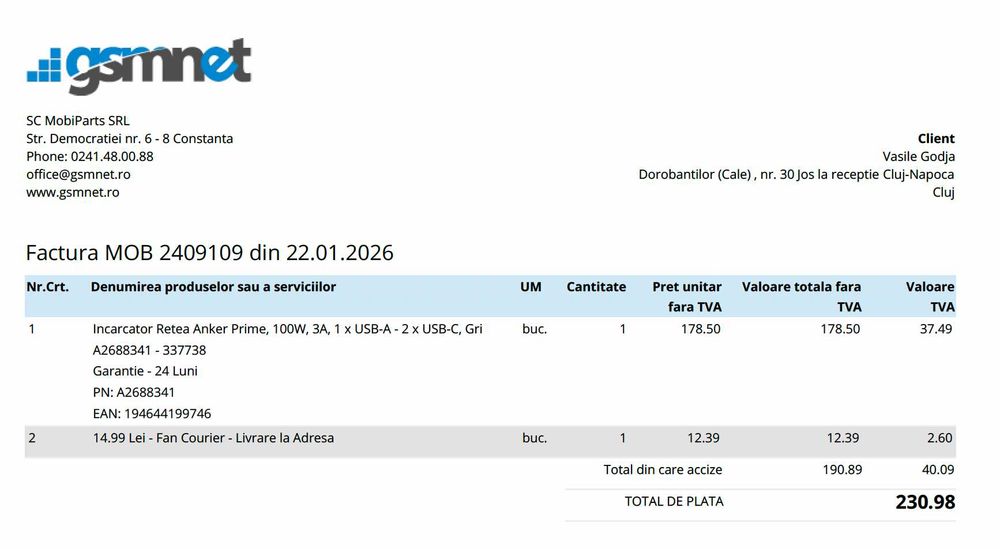 Încărcător Anker Prime 100W (GaN) - Nou - Factură + Garanție 24 luni