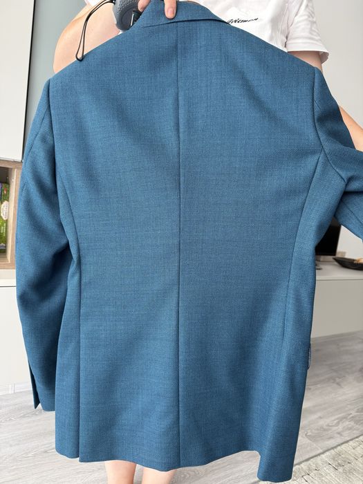 Sacou NOU Bigotti Vitale Barberis Canonico, model Canaletto marimea 48, turcoaz, uni, croi slim, 100% lana