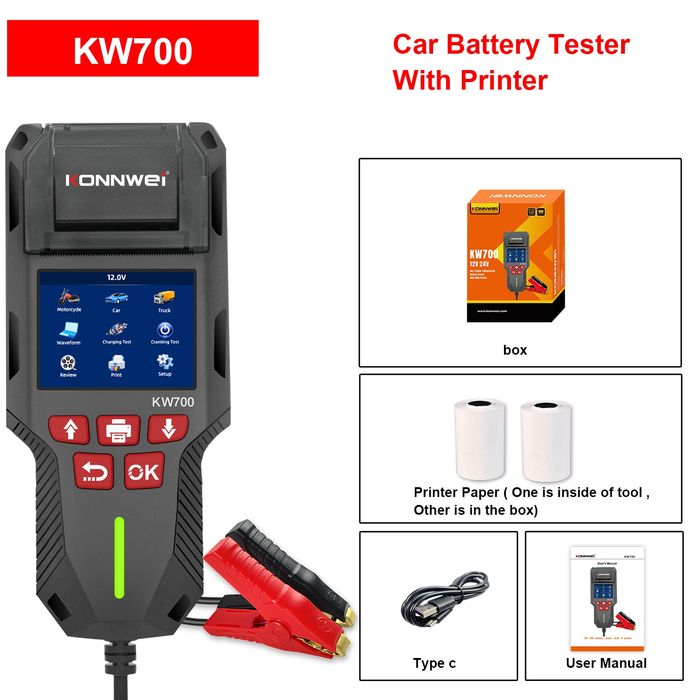 KONNWEI KW700 - Analizor / Tester BATERIE Auto 12V / 24V PROFESIONAL cu IMPRIMANTA integrata, Rating 10-2000 CCA, Capacitate 5-220 Ah - NOU / SIGILAT