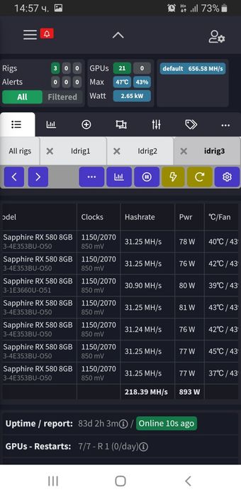 Майнинг риг/копачка/Mining rig RX580 8gb Sapphire pulsе - Карти на бр.
