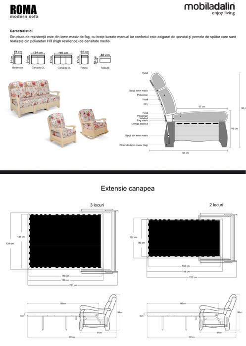 Set Mobiladalin ROMA – canapea extensibilă + fotoliu, lemn masiv