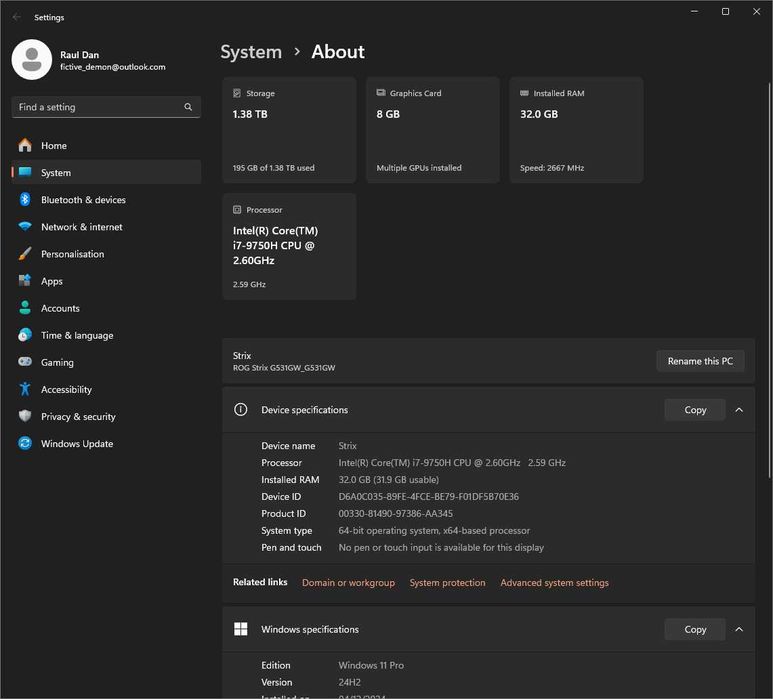 Laptop ASUS ROG G531GW, FHD 144Hz, Core i7-9750H, GeForce RTX 2070