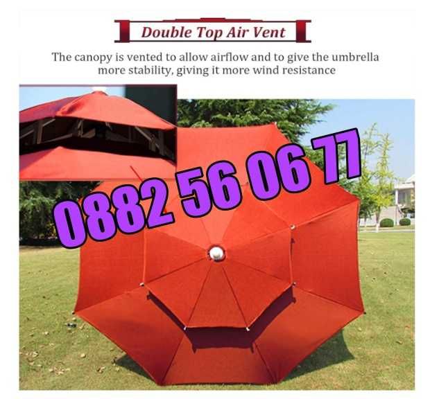 Плажен чадър с двоен покрив, ВЕТРОУСТОЙЧИВ, градински чадър с двоен покрив