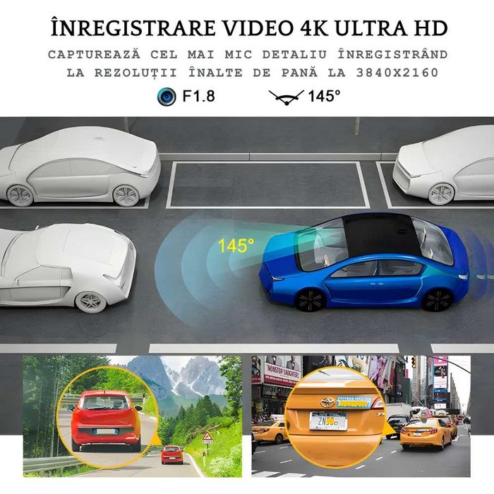 Camera de Bord 4K Ultra HD cu Wi-Fi, Unghi de Filmare Larg de 145°