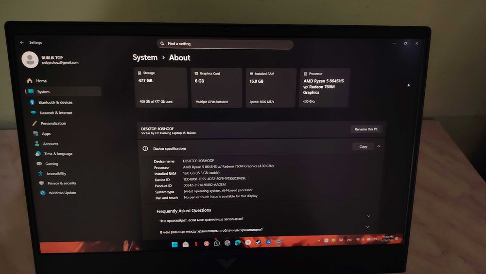 Noutbuk / Laptop / RTX 4050 AMD 8645HS / HP VICTUS 15