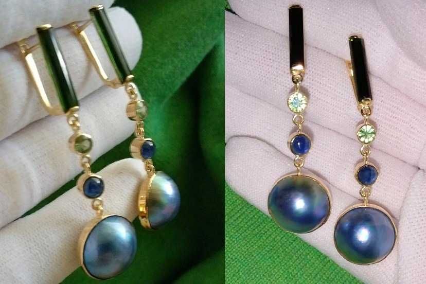 cercei unicat aur 14k cu safire, turmaline si perle naturale