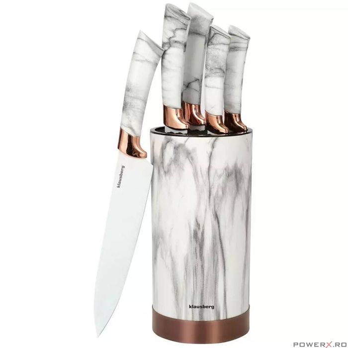 Set cutite din inox cu suport, 6 elemente, alb cu model maro, Kinghoff