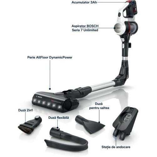 Aspirator vertical Bosch Unlimited 7, 18 V, Mod Auto, Quick Stand, Perie motorizata cu LED-uri