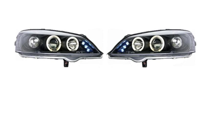 Set faruri tuning Opel Astra G 01.1998- 08.2009 fata stanga+dreapta, transparent negru, tip bec H1+H1