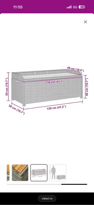 Bancă  depozitare VidaXL pentru grădină/balcon/terasa, gri, 120 cm x 50cm x 50cm, poliratan