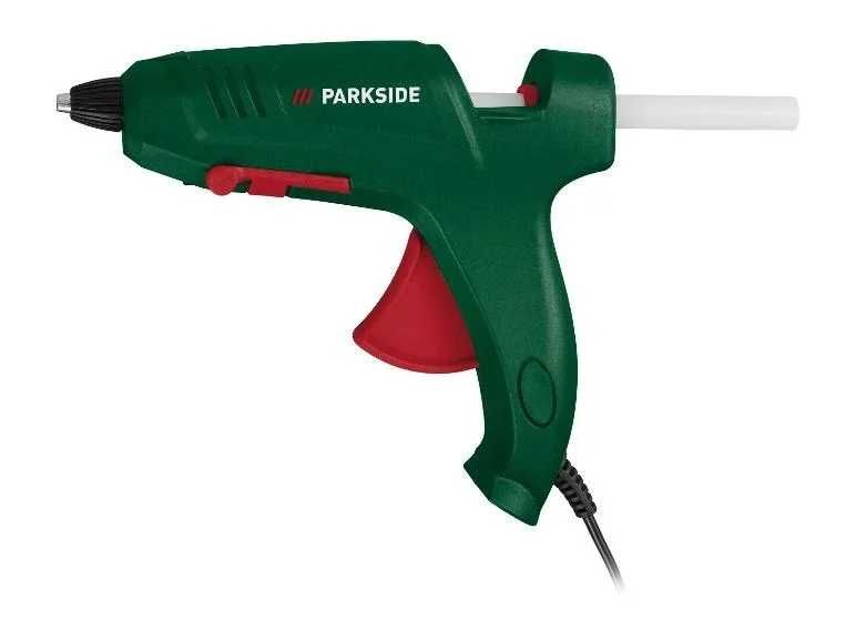 Pistol de lipit la cald Parkside, suport rabatabil. timp de incalzire cca 4min-150 grade, putere nominala 25W si 75 W la punerea in functiune