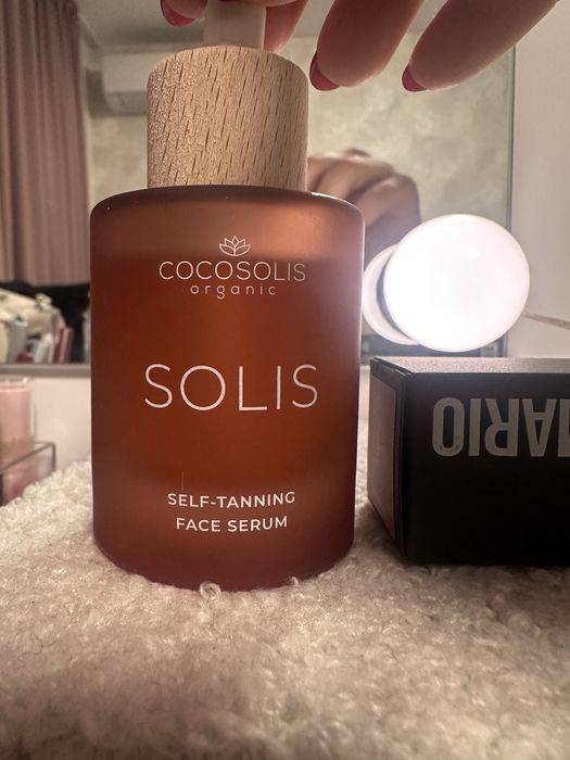 Cocosolis self-tanning face serum;makeup by mario contour stick
