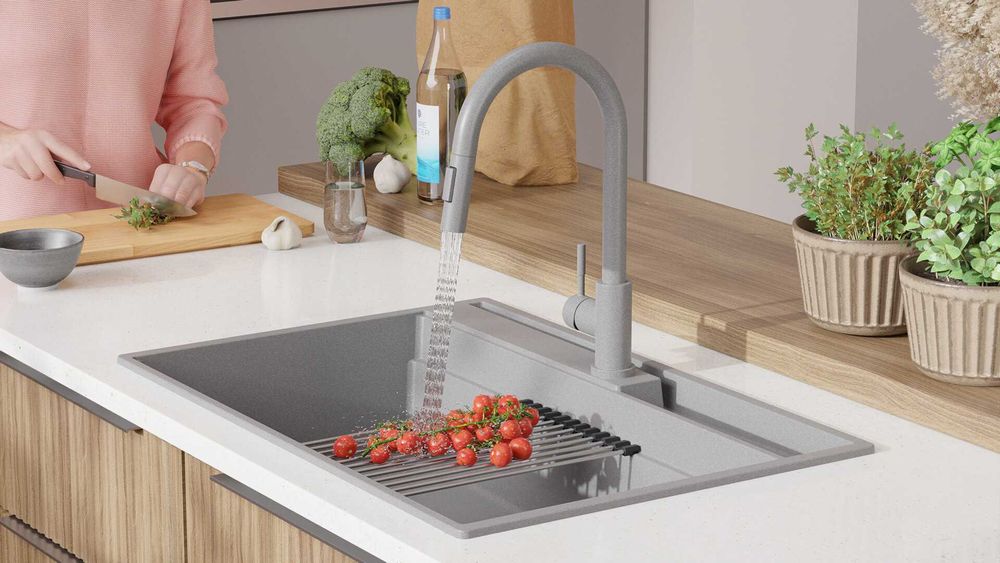 Сива кухненска мивка от гранит Осло 80 Премиум 780 x 530 мм