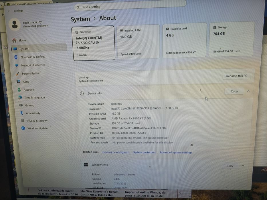 Pc gaming i7 7700 16 GB DDR4 Radeon Rx 6500xt ssd 2400 hdd500