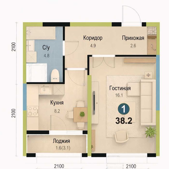 Metro yaqinida 1 xonali kvartira Ipatekaga (ГА)