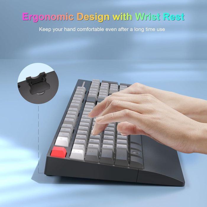 MageGee Wireless Rechargeable Gaming Keyboard with Ergonomic Wrist, RGB LED Backlit, Full Size 104-key Rest for Windows, Mac, PC, Laptop-Grey/Red