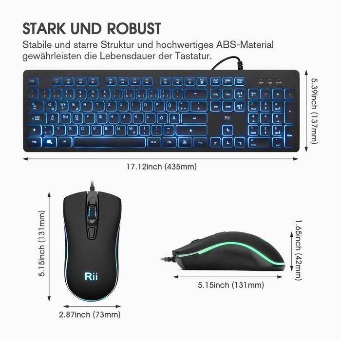 Set tastatură și mouse pentru gaming Rii cu cablu, iluminare cu 3 LED