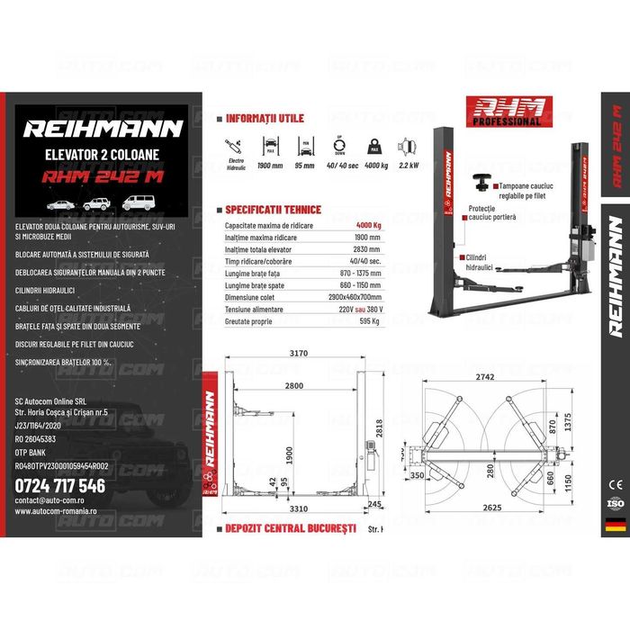 Elevator Auto 2 Coloane RHM 242M 220V sau 380V 4,2T NOU Garantie 2ani