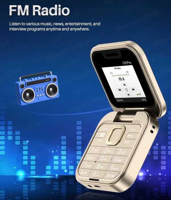 Сгъваем телефон i16 Pro с 2 сим карти,двоен екран,фенер,камера,,радио