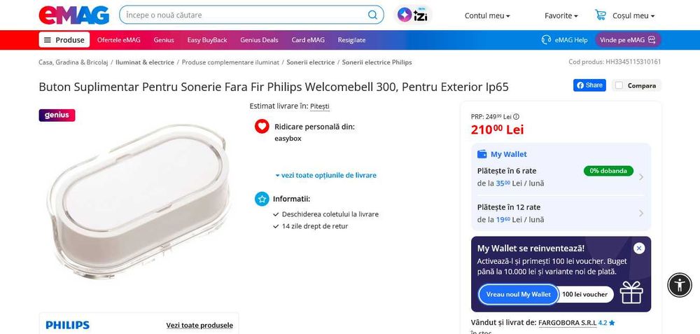 Sonerie wireless Philips Welcome Bell 300 MP3, raza 300m. Noua.