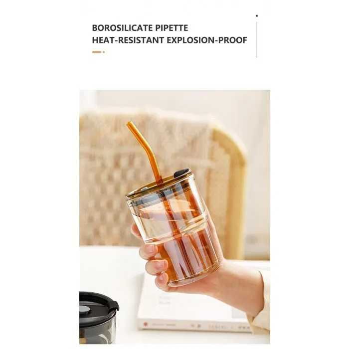 Термо чаша стъклеба с капак и сламка