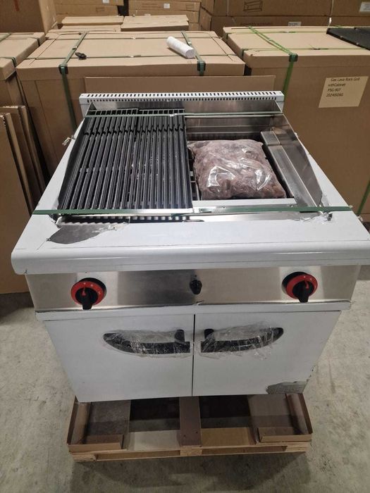 Gratar,Grill gaz cu roca vulcanica si placa striata si suport inchis