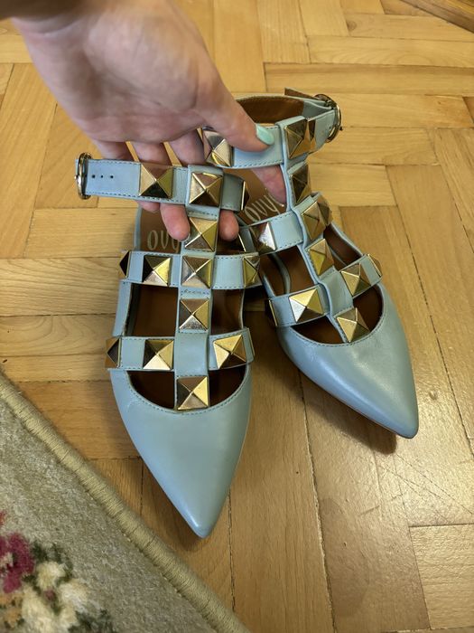 Balerini din piele naturala bleu cu tinte