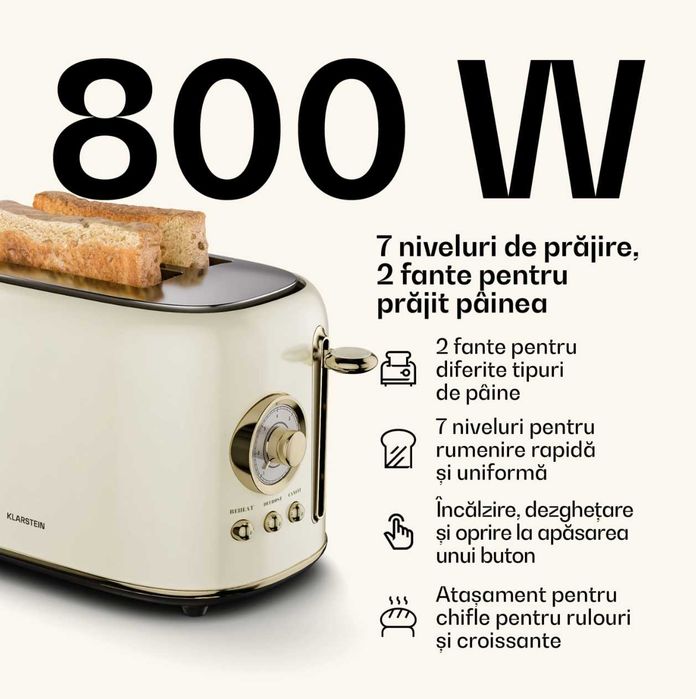 Prajitor de paine toaster Klarstein Victoria, 800W, crem