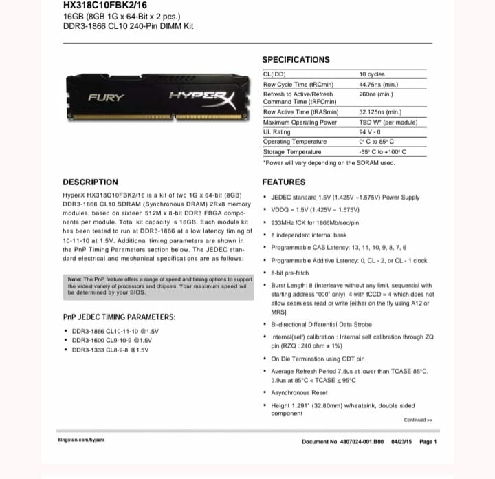 16 gb ddr3 1866  Kingston HyperX Fury black