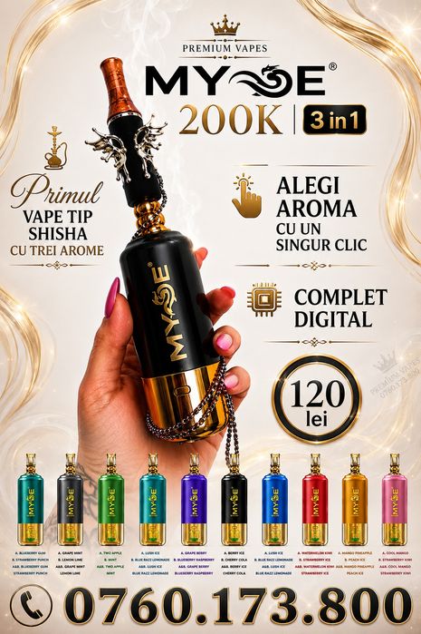 MYDE 3 in 1, 200k  - PRIMUL Vape  COMPLET DIGITAL tip țigară electronică cu diferite arome de shisha și 3 arome