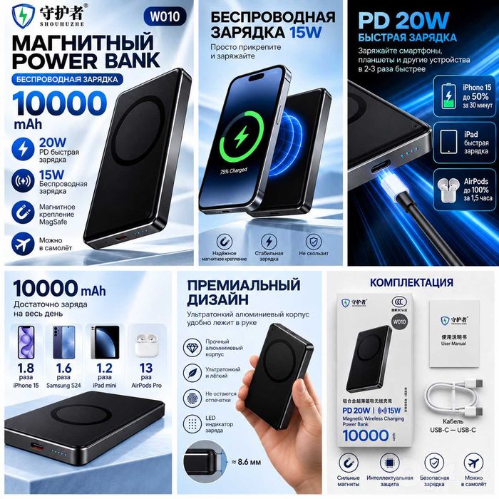 Магнитный Power Bank Guardian MagSafe W010 PD 20W 10000 mAh