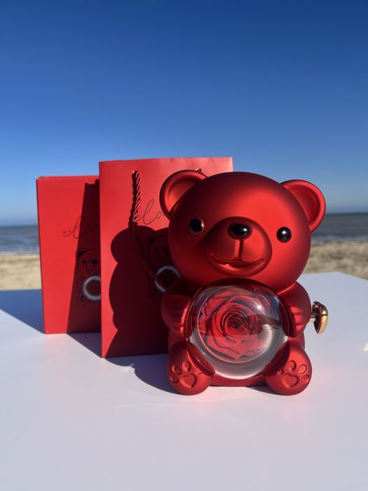 Мече с колие и ИСТИНСКА роза, 8 март, Ден на жената, рожден ден